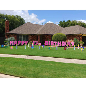 Happy 17th Birthday Pink Large Lawn Letters - Present and Candle Yard Signs