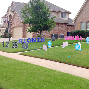 Large Blue and Pink Letters in Front Yard - Rattle Yard Signs