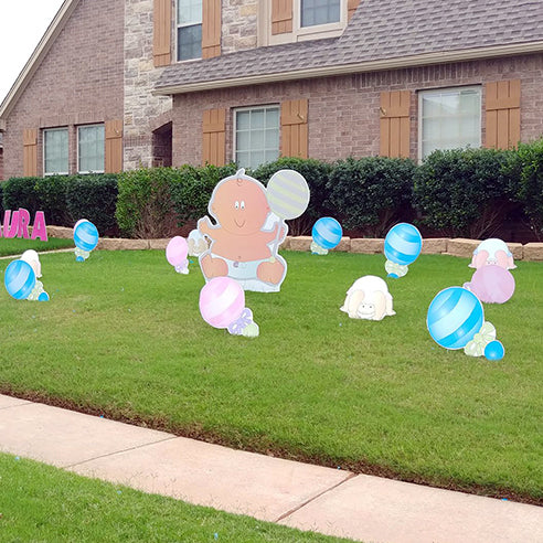Big Yard Sign Baby Holding a Rattle - Blue and Pink Rattles in Front Yard- baby Butts