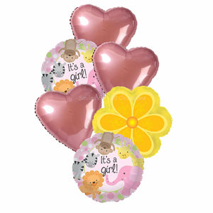 6 It's A Girl Pink Balloons, Pink Hearts, Yellow Flower Balloons