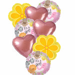 9 It's A Girl Pink Balloons, Pink Hearts, Yellow Flower Balloons