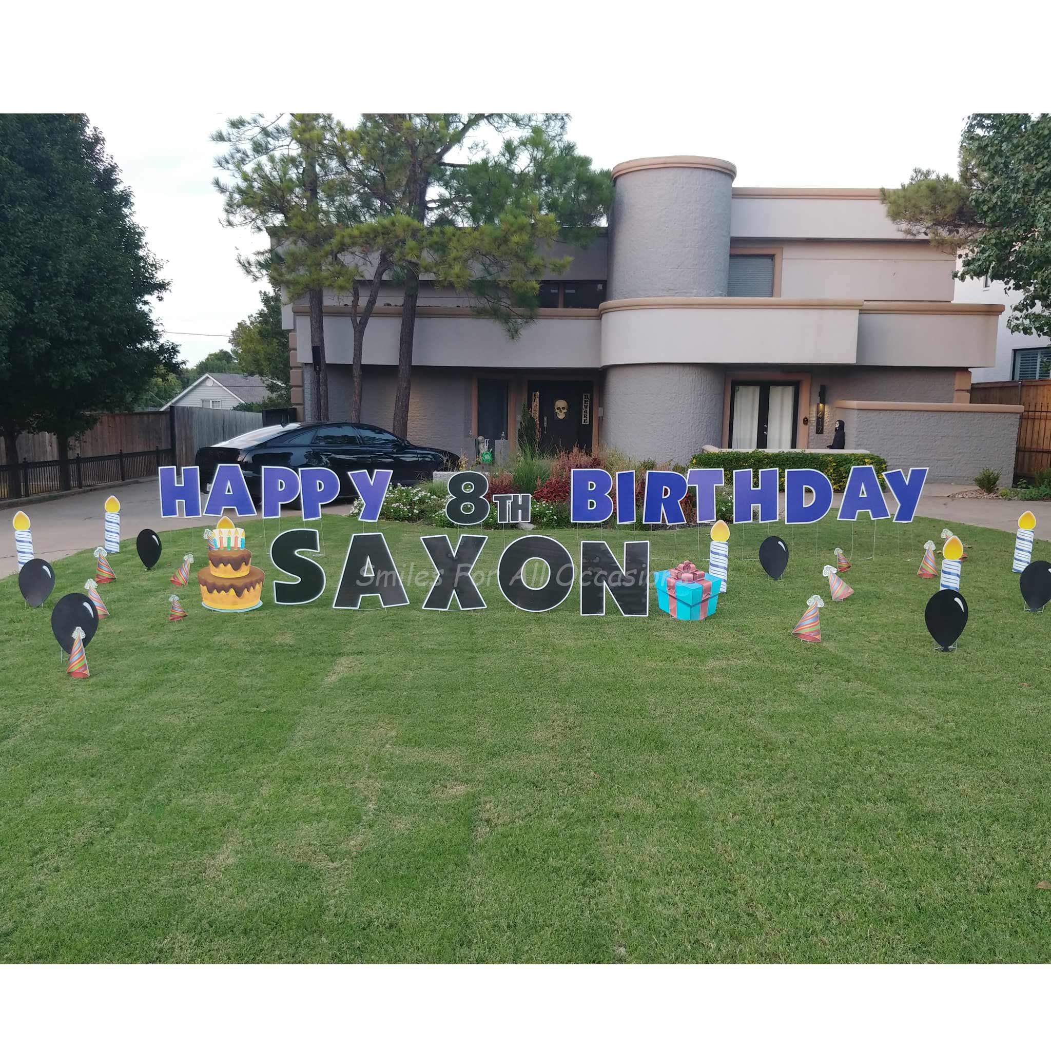 Yard Signs Blue and Black Letters with Birthday Cake, Candles and Black Balloons