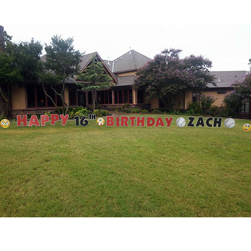 Happy Birthday Red Signs 16th Birthday in Yard with Baseball Signs and Emojis