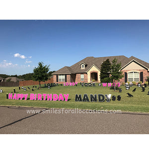 Happy Birthday Yard Signs with Black Balloons, Crows, Large Letters Lordy Lordy
